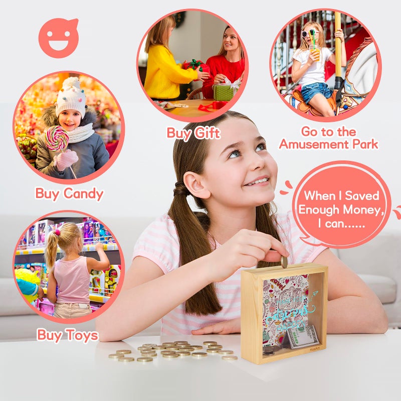 HuaArt Piggy Bank for Kids. Wooden Money Coin Bank for Boys and Girls. Coin Bank Money Bank. Natural Wood Money Box. Printed on The Plexiglass Front-Make Your Dreams Happen. - Image 5